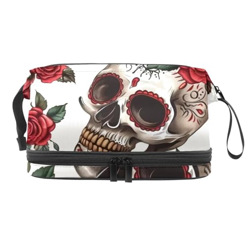 Sugar Skull with Thorny Rose Double Layer Cosmetic Bag for Women and Girls, Travel Toiletry Bag Makeup Handy Pouch Organizer Bag with Brush Compartment, multi, 27x15x14 cm/10.6x5.9x5.5 in, von VAPOKF
