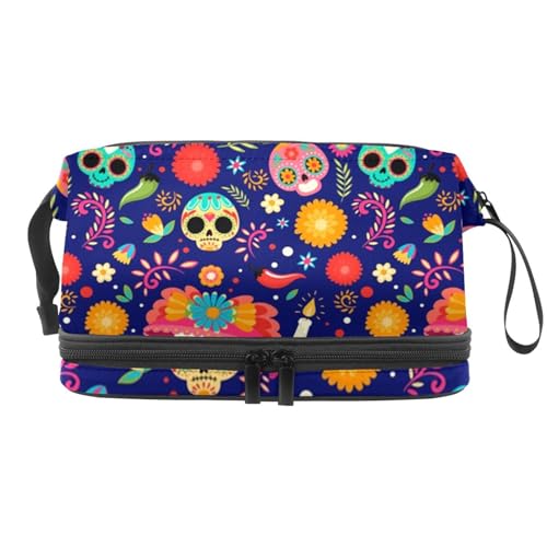 Sugar Skulls with Hats Double Layer Cosmetic Bag for Women and Girls, Travel Toiletry Bag Makeup Practical Pouch Organizer Bag with Brush Compartment, multi, 27x15x14 cm/10.6x5.9x5.5 in, Kulturbeutel von VAPOKF