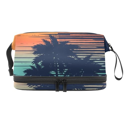 Sunset Summer Vacation with Tropical Tree Double Layer Cosmetic Bag for Women and Girls, Travel Toiletry Bag Makeup Practical Pouch Organizer Bag with Brush Compartment, multi, 27x15x14 von VAPOKF