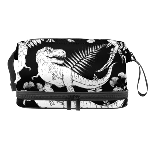 Tyrannosaur Dinosaurier Skelett Tropische Blätter Doppellagige Kosmetiktasche für Frauen und Mädchen Reise Kulturbeutel Make-up Praktische Tasche Organizer Tasche mit Pinselfach, multi, 27x15x14 von VAPOKF