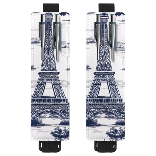 VAPOKF 2 Stück Verstellbarer Gummiband-Stifthalter für Notizbuch, PU-Leder-Bleistifthalter, Stifteetui für Hardcover-Journals, Bücher, Planer, Ordner, Tablets – Pariser Turm Gebäude von VAPOKF