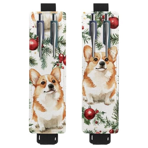 VAPOKF 2 Stück Verstellbarer Gummiband-Stifthalter für Notizbuch, PU-Leder-Bleistifthalter, Stifteetui für Hardcover-Journals, Bücher, Planer, Ordner, Tablets – Weihnachts-Corgi und Glocken von VAPOKF