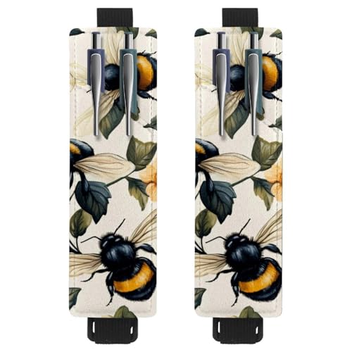 VAPOKF 2 Stück Verstellbarer Gummiband-Stifthalter für Notizbuch, PU-Leder-Stifthalter, Stifteetui für Hardcover Journals, Bücher, Planer, Ordner, Tablets - Bienen auf Blütenblumen von VAPOKF