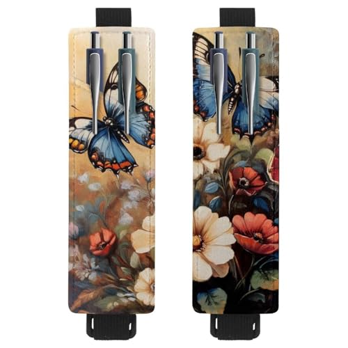 VAPOKF 2 Stück Verstellbarer Gummiband-Stifthalter für Notizbuch, PU-Leder-Stifthalter, Stifteetui für Hardcover-Journals, Bücher, Planer, Ordner, Tablets - Blauer Schmetterlingsmohn von VAPOKF