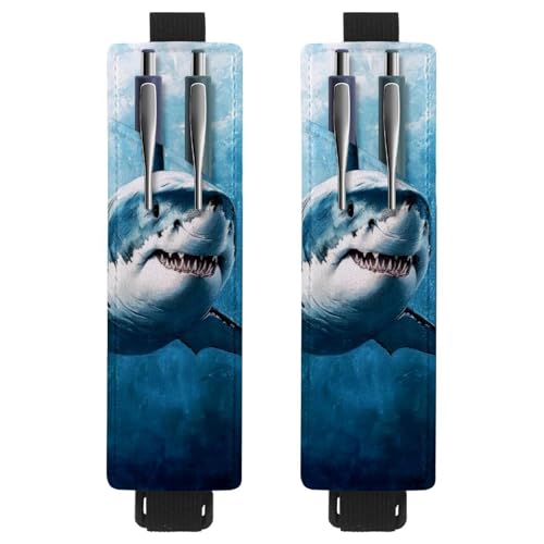 VAPOKF 2 Stück Verstellbarer Gummiband-Stifthalter für Notizbuch, PU-Leder-Stifthalter, Stifteetui für Hardcover-Journals, Bücher, Planer, Ordner, Tablets - Blauer Wasserhai von VAPOKF