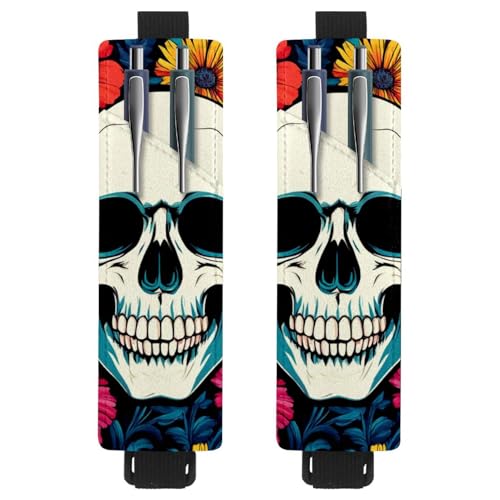 VAPOKF 2 Stück Verstellbarer Gummiband-Stifthalter für Notizbuch, PU-Leder-Stifthalter, Stifteetui für Hardcover-Journals, Bücher, Planer, Ordner, Tablets - Blütenblumen-Schädel von VAPOKF
