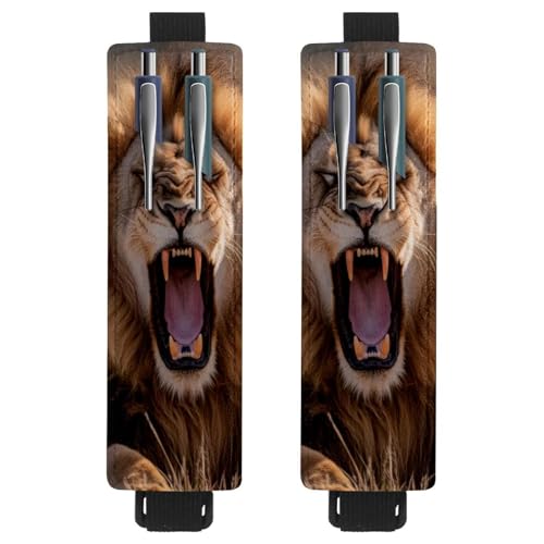 VAPOKF 2 Stück Verstellbarer Gummiband-Stifthalter für Notizbuch, PU-Leder-Stifthalter, Stifteetui für Hardcover-Journals, Bücher, Planer, Ordner, Tablets - Brüllender Löwe von VAPOKF