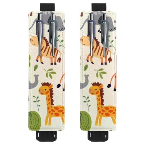 VAPOKF 2 Stück Verstellbarer Gummiband-Stifthalter für Notizbuch, PU-Leder-Stifthalter, Stifteetui für Hardcover Journals, Bücher, Planer, Ordner, Tablets - Cartoon Zoo Tiere von VAPOKF