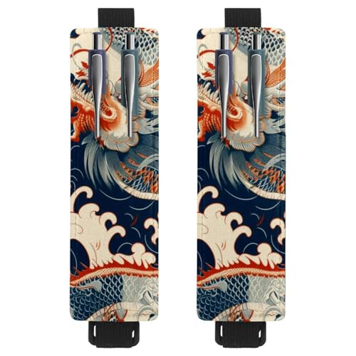 VAPOKF 2 Stück Verstellbarer Gummiband-Stifthalter für Notizbuch, PU-Leder-Stifthalter, Stifteetui für Hardcover-Journals, Bücher, Planer, Ordner, Tablets - Chinesischer alter Drache von VAPOKF