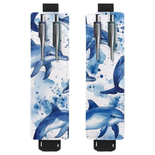 VAPOKF 2 Stück Verstellbarer Gummiband-Stifthalter für Notizbuch, PU-Leder-Stifthalter, Stifteetui für Hardcover Journals, Bücher, Planer, Ordner, Tablets - Delfine von VAPOKF
