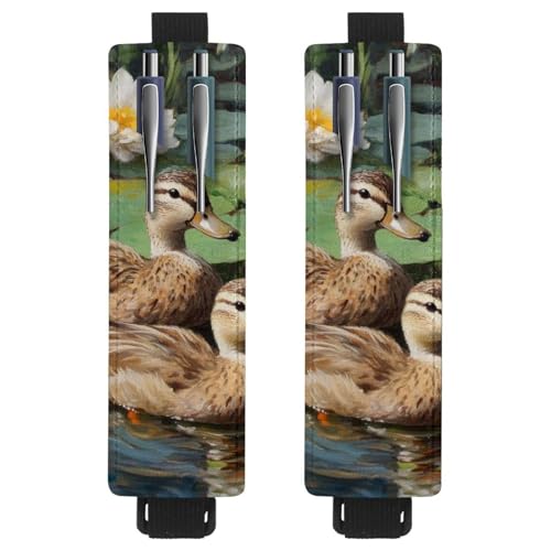 VAPOKF 2 Stück Verstellbarer Gummiband-Stifthalter für Notizbuch, PU-Leder-Stifthalter, Stifteetui für Hardcover Journals, Bücher, Planer, Ordner, Tablets - Enten auf Lotus-Teich von VAPOKF