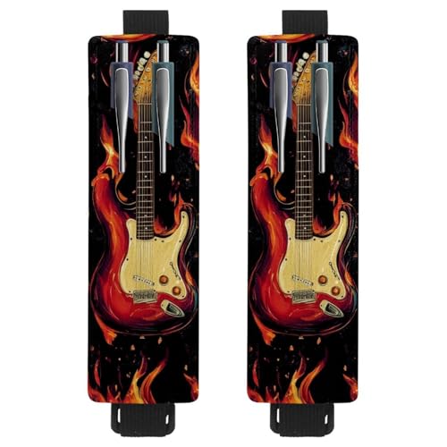 VAPOKF 2 Stück Verstellbarer Gummiband-Stifthalter für Notizbuch, PU-Leder-Stifthalter, Stifteetui für Hardcover-Journals, Bücher, Planer, Ordner, Tablets - Flame-Gitarren von VAPOKF