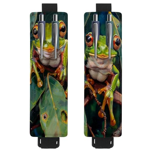 VAPOKF 2 Stück Verstellbarer Gummiband-Stifthalter für Notizbuch, PU-Leder-Stifthalter, Stifteetui für Hardcover-Journals, Bücher, Planer, Ordner, Tablets – Frosch auf Baumblatt von VAPOKF