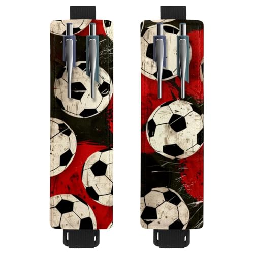 VAPOKF 2 Stück Verstellbarer Gummiband-Stifthalter für Notizbuch, PU-Leder-Stifthalter, Stifteetui für Hardcover-Journals, Bücher, Planer, Ordner, Tablets – Fußball auf Grunge Schwarz Rot von VAPOKF