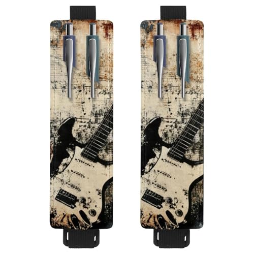 VAPOKF 2 Stück Verstellbarer Gummiband-Stifthalter für Notizbuch, PU-Leder-Stifthalter, Stifteetui für Hardcover-Journals, Bücher, Planer, Ordner, Tablets – Gitarren-Musiknoten auf Grunge von VAPOKF