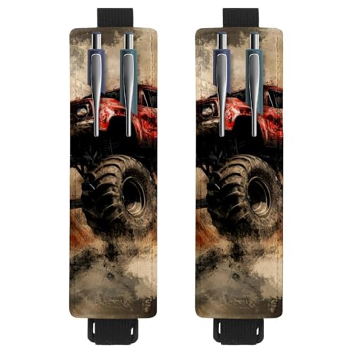 VAPOKF 2 Stück Verstellbarer Gummiband-Stifthalter für Notizbuch, PU-Leder-Stifthalter, Stifteetui für Hardcover-Journals, Bücher, Planer, Ordner, Tablets - Grunge Red Monster Car von VAPOKF