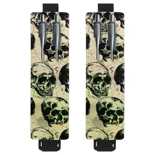 VAPOKF 2 Stück Verstellbarer Gummiband-Stifthalter für Notizbuch, PU-Leder-Stifthalter, Stifteetui für Hardcover-Journals, Bücher, Planer, Ordner, Tablets - Grunge Skull von VAPOKF