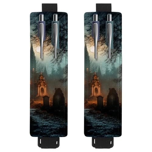 VAPOKF 2 Stück Verstellbarer Gummiband-Stifthalter für Notizbuch, PU-Leder-Stifthalter, Stifteetui für Hardcover-Journals, Bücher, Planer, Ordner, Tablets - Halloween-Nachtfriedhof VAPOKF 2 Stück Verstellbarer Gummiband-Stifthalter für Notizbuch, PU-Leder-Stifthalter, Stifteetui für Hardcover-Journals, Bücher, Planer, Ordner, Tablets - Halloween-Nachtfriedhof von VAPOKF