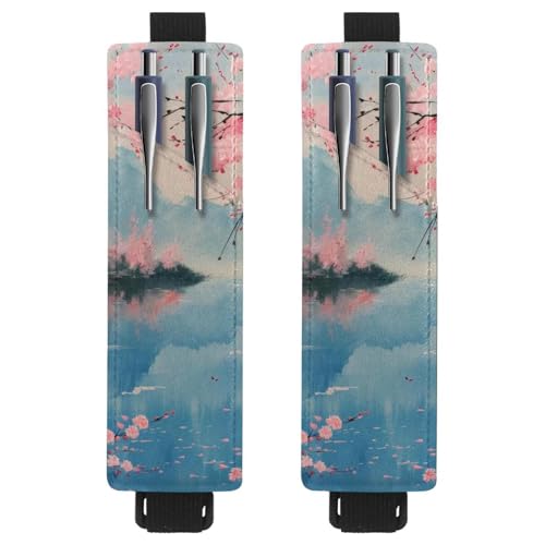 VAPOKF 2 Stück Verstellbarer Gummiband-Stifthalter für Notizbuch, PU-Leder-Stifthalter, Stifteetui für Hardcover Journals, Bücher, Planer, Ordner, Tablets - Kirschblüte über See von VAPOKF