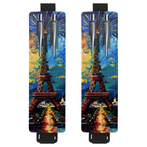 VAPOKF 2 Stück Verstellbarer Gummiband-Stifthalter für Notizbuch, PU-Leder-Stifthalter, Stifteetui für Hardcover-Journals, Bücher, Planer, Ordner, Tablets - Nacht-Paris-Stadtmalerei von VAPOKF