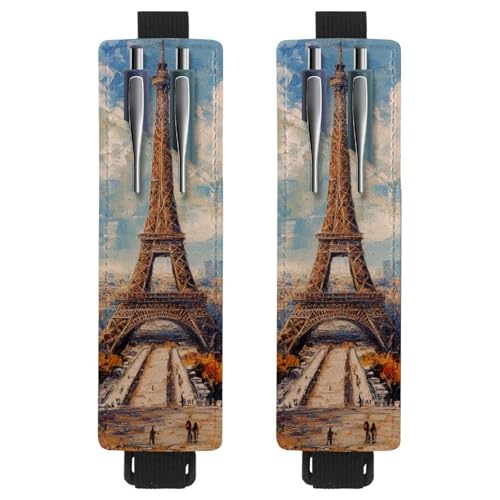 VAPOKF 2 Stück Verstellbarer Gummiband-Stifthalter für Notizbuch, PU-Leder-Stifthalter, Stifteetui für Hardcover-Journals, Bücher, Planer, Ordner, Tablets – Ölgemälde-Turm Ahornbäume von VAPOKF