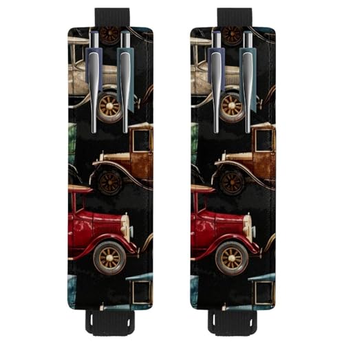 VAPOKF 2 Stück Verstellbarer Gummiband-Stifthalter für Notizbuch, PU-Leder-Stifthalter, Stifteetui für Hardcover-Journals, Bücher, Planer, Ordner, Tablets – Oldtimer von VAPOKF