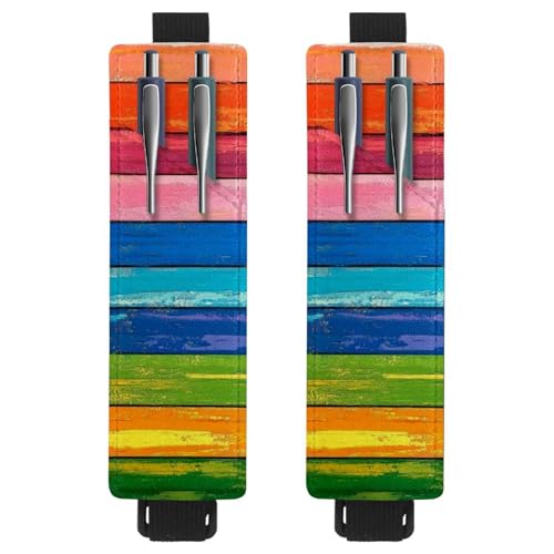 VAPOKF 2 Stück Verstellbarer Gummiband-Stifthalter für Notizbuch, PU-Leder-Stifthalter, Stifteetui für Hardcover-Journals, Bücher, Planer, Ordner, Tablets – Regenbogen-Holzbrett-Streifen von VAPOKF