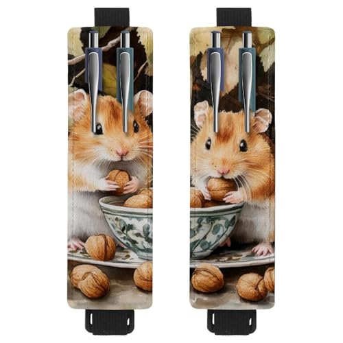 VAPOKF 2 Stück Verstellbarer Gummiband-Stifthalter für Notizbuch, PU-Leder-Stifthalter, Stifteetui für Hardcover-Journals, Bücher, Planer, Ordner, Tablets - Schale mit Nüssen Hamster von VAPOKF