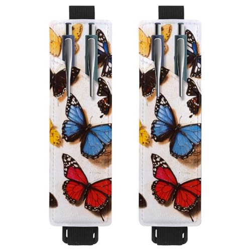 VAPOKF 2 Stück Verstellbarer Gummiband-Stifthalter für Notizbuch, PU-Leder-Stifthalter, Stifteetui für Hardcover-Journals, Bücher, Planer, Ordner, Tablets – Schmetterling auf weißer Wand von VAPOKF