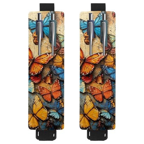 VAPOKF 2 Stück Verstellbarer Gummiband-Stifthalter für Notizbuch, PU-Leder-Stifthalter, Stifteetui für Hardcover-Journals, Bücher, Planer, Ordner, Tablets - Schmetterlings-Ölgemälde von VAPOKF