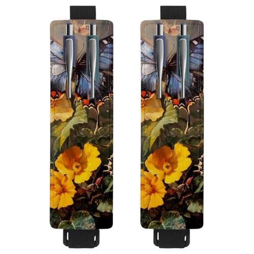 VAPOKF 2 Stück Verstellbarer Gummiband-Stifthalter für Notizbuch, PU-Leder-Stifthalter, Stifteetui für Hardcover-Journals, Bücher, Planer, Ordner, Tablets – Schmetterlingsmohnblumen von VAPOKF