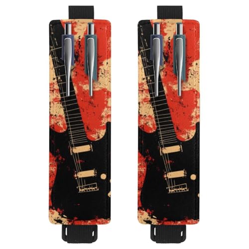 VAPOKF 2 Stück Verstellbarer Gummiband-Stifthalter für Notizbuch, PU-Leder-Stifthalter, Stifteetui für Hardcover Journals, Bücher, Planer, Ordner, Tablets - Schwarze Gitarre auf rotem Grunge von VAPOKF