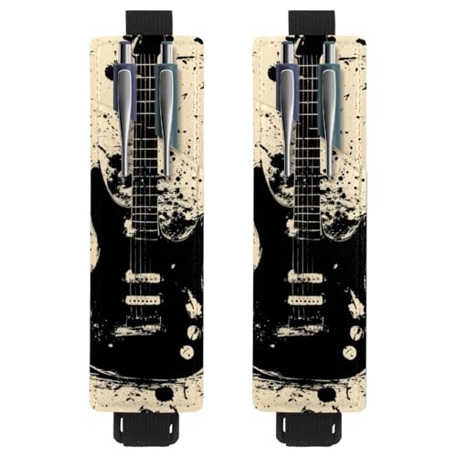 VAPOKF 2 Stück Verstellbarer Gummiband-Stifthalter für Notizbuch, PU-Leder-Stifthalter, Stifteetui für Hardcover-Journals, Bücher, Planer, Ordner, Tablets - Schwarze Grunge-Gitarren-Silhouette von VAPOKF