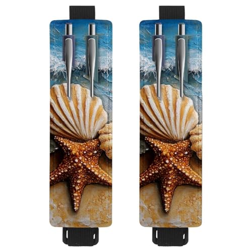 VAPOKF 2 Stück Verstellbarer Gummiband-Stifthalter für Notizbuch, PU-Leder-Stifthalter, Stifteetui für Hardcover-Journals, Bücher, Planer, Ordner, Tablets - Seestern-Ölgemälde von VAPOKF