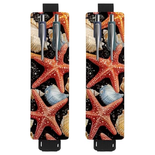 VAPOKF 2 Stück Verstellbarer Gummiband-Stifthalter für Notizbuch, PU-Leder-Stifthalter, Stifteetui für Hardcover Journals, Bücher, Planer, Ordner, Tablets - Seesterne, Muscheln von VAPOKF