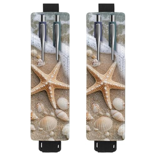 VAPOKF 2 Stück Verstellbarer Gummiband-Stifthalter für Notizbuch, PU-Leder-Stifthalter, Stifteetui für Hardcover Journals, Bücher, Planer, Ordner, Tablets - Strand Muscheln Seestern von VAPOKF