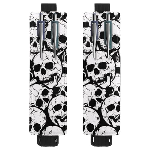 VAPOKF 2 Stück Verstellbarer Gummiband-Stifthalter für Notizbuch, PU-Leder-Stifthalter, Stifteetui für Hardcover Journals, Bücher, Planer, Ordner, Tablets - Totenköpfe auf Schwarz von VAPOKF