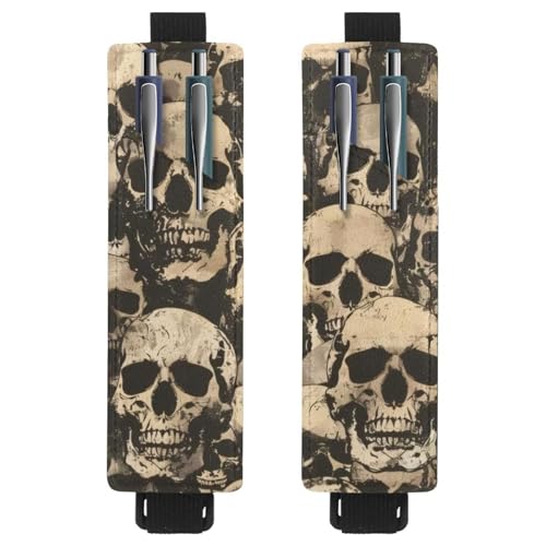 VAPOKF 2 Stück Verstellbarer Gummiband-Stifthalter für Notizbuch, PU-Leder-Stifthalter, Stifteetui für Hardcover Journals, Bücher, Planer, Ordner, Tablets - Totenköpfe von VAPOKF