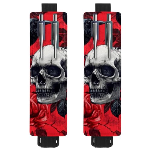 VAPOKF 2 Stück Verstellbarer Gummiband-Stifthalter für Notizbuch, PU-Leder-Stifthalter, Stifteetui für Hardcover-Journals, Bücher, Planer, Ordner, Tablets - Totenschädel Raben-Rosen auf Rot von VAPOKF