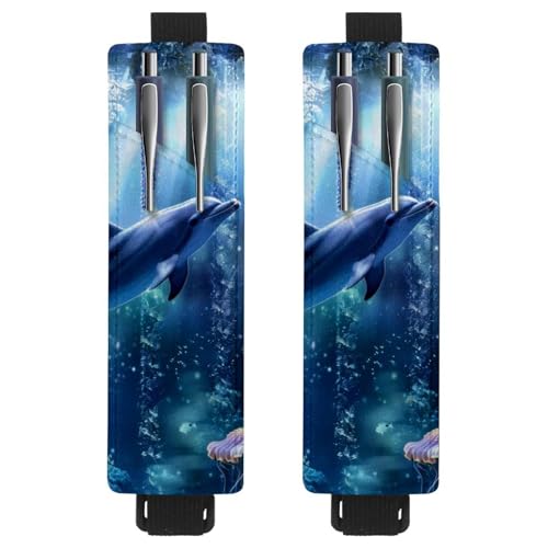 VAPOKF 2 Stück Verstellbarer Gummiband-Stifthalter für Notizbuch, PU-Leder-Stifthalter, Stifteetui für Hardcover Journals, Bücher, Planer, Ordner, Tablets - Traumdelfin von VAPOKF