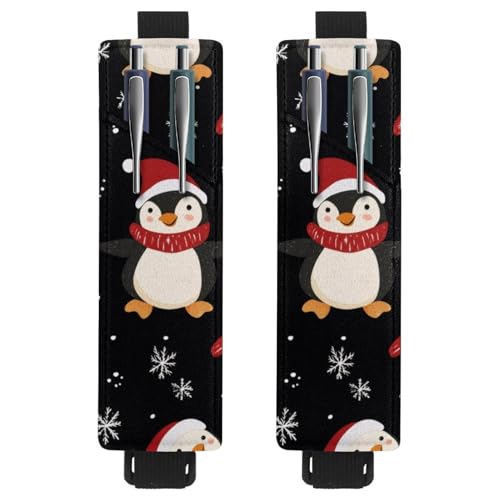 VAPOKF 2 Stück Verstellbarer Gummiband-Stifthalter für Notizbuch, PU-Leder-Stifthalter, Stifteetui für Hardcover Journals, Bücher, Planer, Ordner, Tablets - Weihnachtsmannmütze, roter Schal, Pinguine von VAPOKF