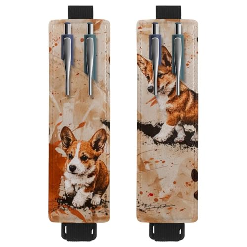 VAPOKF 2 Stück verstellbarer Gummiband-Stifthalter für Notizbuch, PU-Leder-Stifthalter, Stifteetui für Hardcover Journals, Bücher, Planer, Ordner, Tablets - Corgis Pfotenabdrücke auf Grunge von VAPOKF