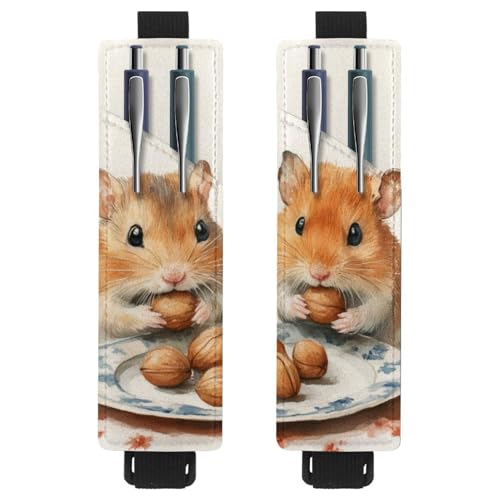 VAPOKF 2 Stück verstellbarer Gummiband-Stifthalter für Notizbuch, PU-Leder-Stifthalter, Stifteetui für Hardcover-Journals, Bücher, Planer, Ordner, Tablets – Hamster essen Nüsse in der Schale von VAPOKF