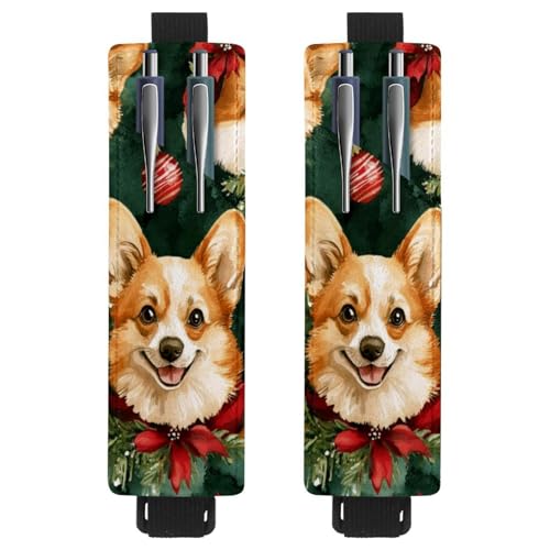 VAPOKF 2 Stück verstellbarer Gummiband-Stifthalter für Notizbuch, PU-Leder-Stifthalter, Stifteetui für Hardcover-Journals, Bücher, Planer, Ordner, Tablets – Weihnachts-Korgis und Glocken von VAPOKF