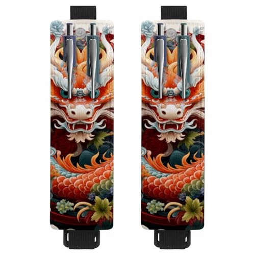 VAPOKF 2 Stück verstellbarer elastischer Stifthalter für Notizbuch, PU-Leder-Stifthalter, Stifteetui für Hardcover-Tagebücher, Bücher, Planer, Ordner, Tablets – Drache mit bunter Pfingstrose von VAPOKF