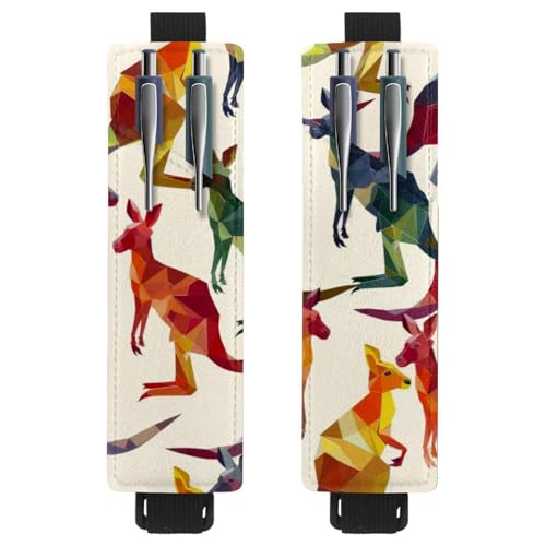 VAPOKF 2 Stück verstellbarer elastischer Stifthalter für Notizbuch, PU-Leder-Stifthalter, Stifteetui für Hardcover-Tagebücher, Bücher, Planer, Ordner, Tablets – buntes geometrisches Känguru von VAPOKF