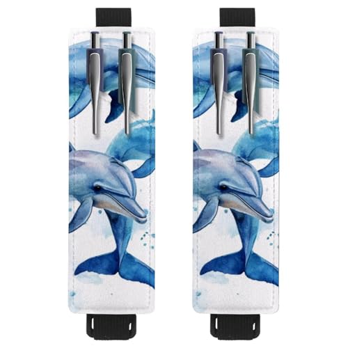 VAPOKF 2 Stück verstellbarer elastischer Stifthalter für Notizbuch, PU-Leder-Stifthalter, Stifteetui für Hardcover-Zeitschriften, Bücher, Planer, Ordner, Tablets – Drei Aquarell-Delfine von VAPOKF
