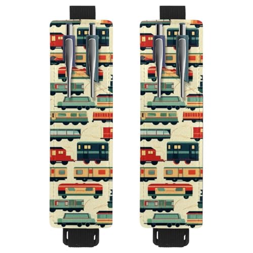 VAPOKF 2 Stück verstellbarer elastischer Stifthalter für Notizbuch, PU-Leder-Stifthalter, Stifteetui für Hardcover-Zeitschriften, Bücher, Planer, Ordner, Tablets – bunte Busbahn, Auto von VAPOKF