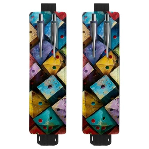 VAPOKF 2 Stück verstellbarer elastischer Stifthalter für Notizbuch, PU-Leder-Stifthalter, Stifteetui für Hardcover-Zeitschriften, Bücher, Planer, Ordner, Tablets – bunte Würfelblöcke von VAPOKF