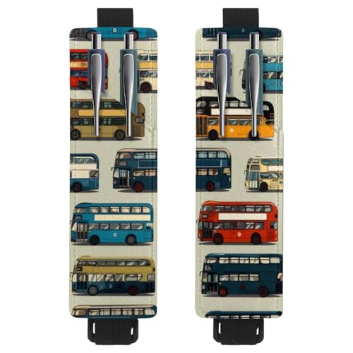 VAPOKF 2 Stück verstellbarer elastischer Stifthalter für Notizbuch, PU-Leder-Stifthalter, Stifteetui für Hardcover-Zeitschriften, Bücher, Planer, Ordner, Tablets – bunter Doppeldecker-Bus von VAPOKF